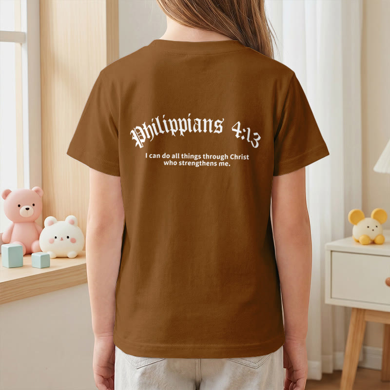 Christianartworkshop Philipper 4,13 – Kurzarm-T-Shirt für Kinder mit Kreuz auf der Vorderseite und Rückseite in gotischer Schrift - image 26