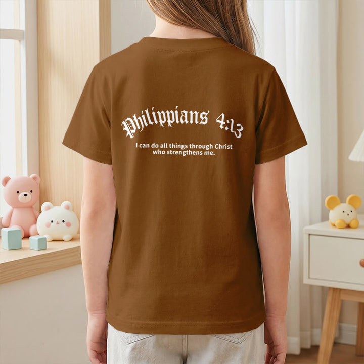Christianartworkshop Philipper 4,13 – Kurzarm-T-Shirt für Kinder mit Kreuz auf der Vorderseite und Rückseite in gotischer Schrift - image 26
