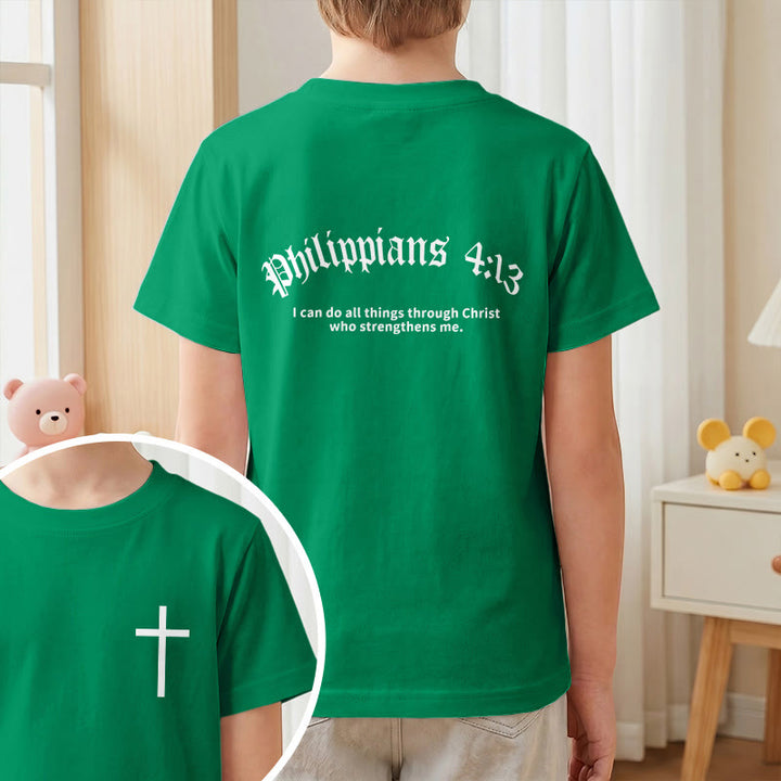 Christianartworkshop Philipper 4,13 – Kurzarm-T-Shirt für Kinder mit Kreuz auf der Vorderseite und Rückseite in gotischer Schrift - image 73