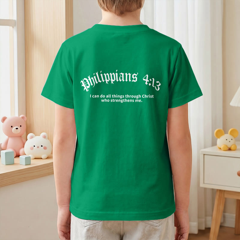 Christianartworkshop Philipper 4,13 – Kurzarm-T-Shirt für Kinder mit Kreuz auf der Vorderseite und Rückseite in gotischer Schrift - image 79