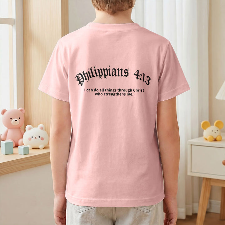 Christianartworkshop Philipper 4,13 – Kurzarm-T-Shirt für Kinder mit Kreuz auf der Vorderseite und Rückseite in gotischer Schrift - image 70