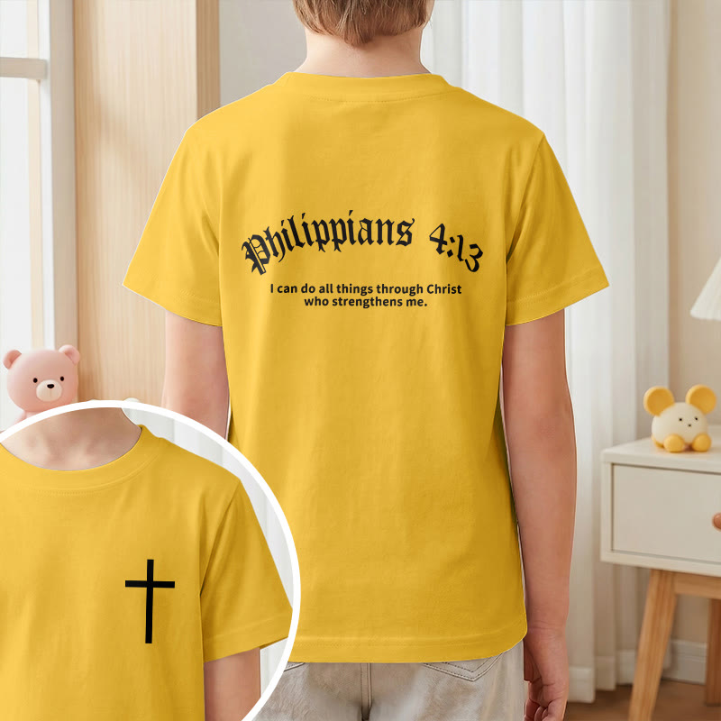 Christianartworkshop Philipper 4,13 – Kurzarm-T-Shirt für Kinder mit Kreuz auf der Vorderseite und Rückseite in gotischer Schrift - image 28