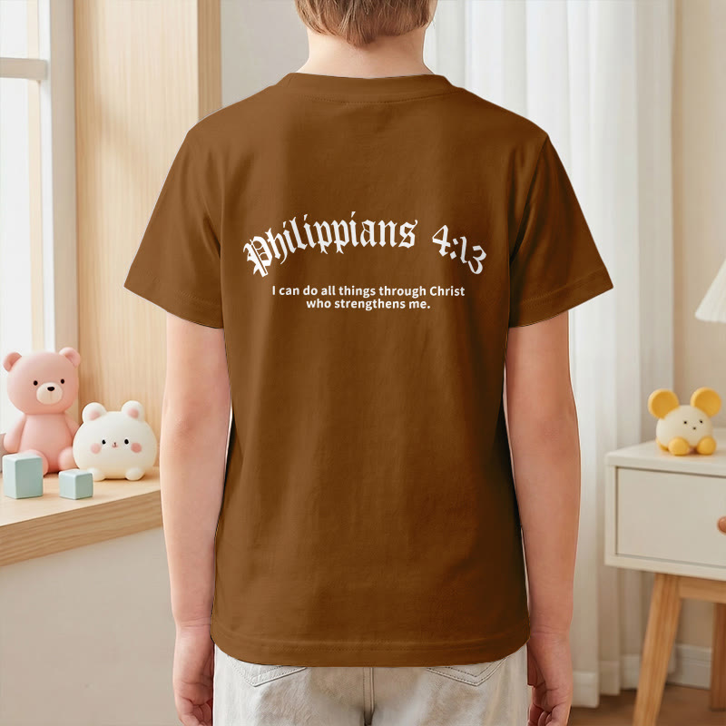 Christianartworkshop Philipper 4,13 – Kurzarm-T-Shirt für Kinder mit Kreuz auf der Vorderseite und Rückseite in gotischer Schrift - image 25