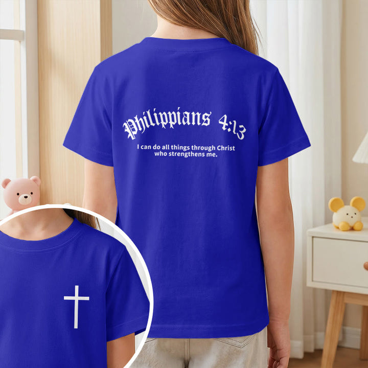 Christianartworkshop Philipper 4,13 – Kurzarm-T-Shirt für Kinder mit Kreuz auf der Vorderseite und Rückseite in gotischer Schrift - image 89