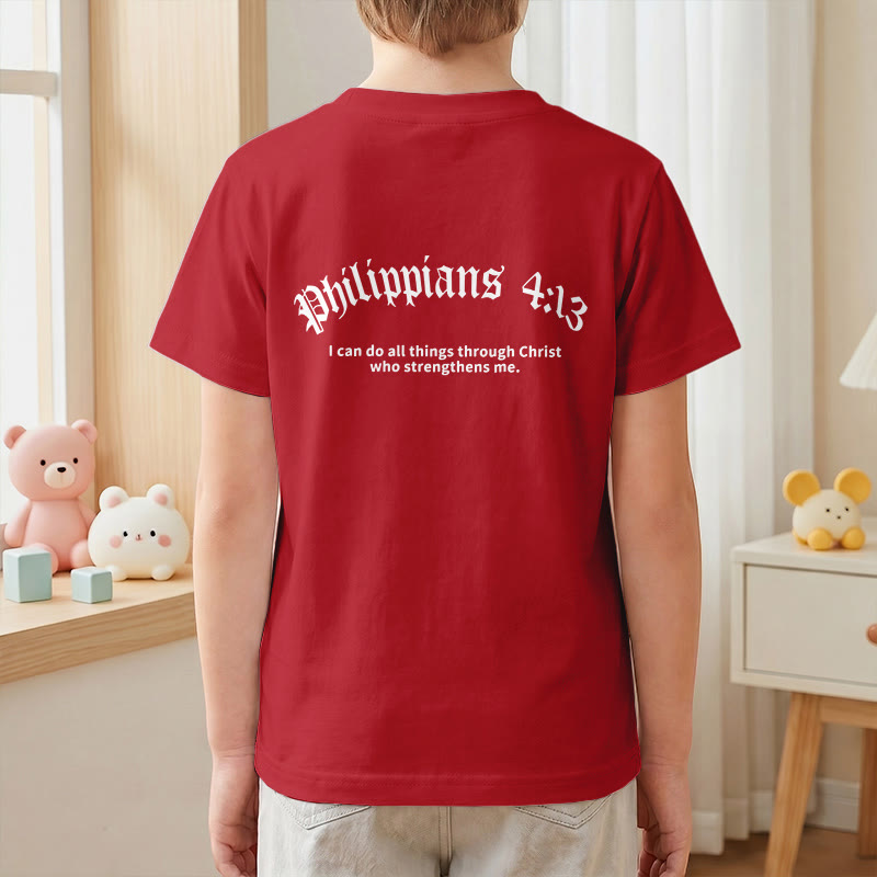 Christianartworkshop Philipper 4,13 – Kurzarm-T-Shirt für Kinder mit Kreuz auf der Vorderseite und Rückseite in gotischer Schrift - image 61