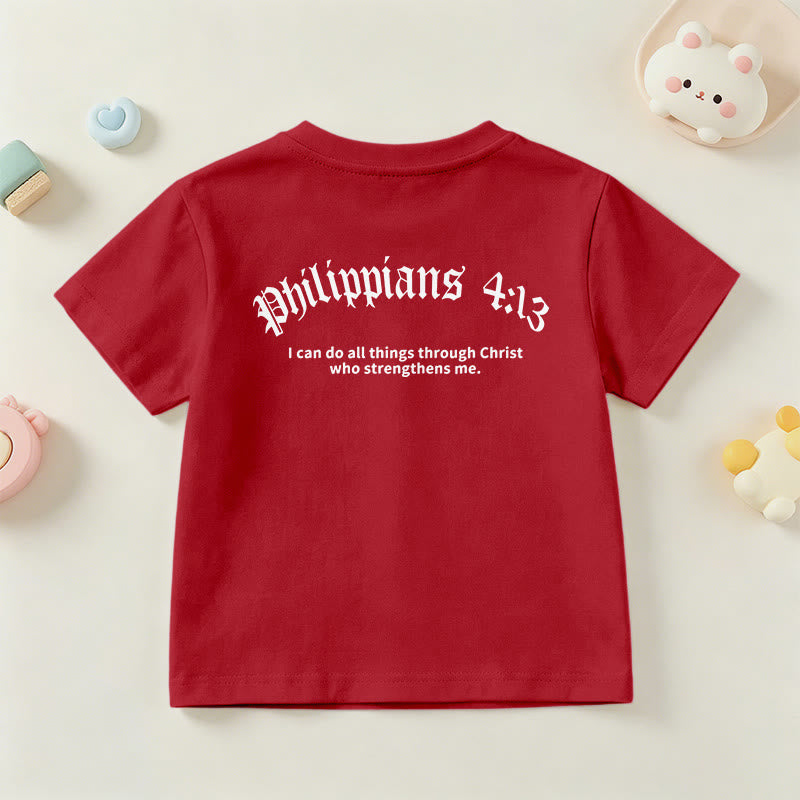 Christianartworkshop Philipper 4,13 – Kurzarm-T-Shirt für Kinder mit Kreuz auf der Vorderseite und Rückseite in gotischer Schrift - image 60