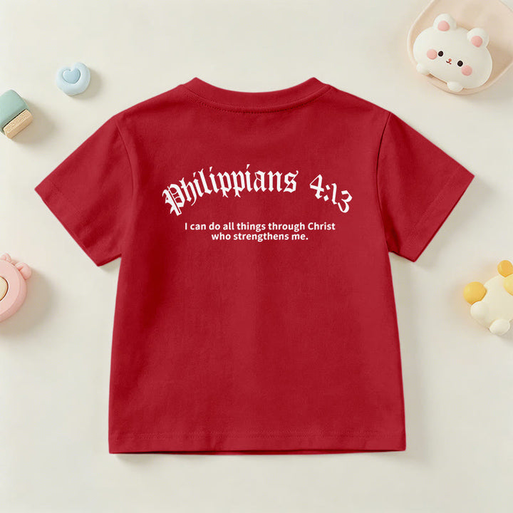 Christianartworkshop Philipper 4,13 – Kurzarm-T-Shirt für Kinder mit Kreuz auf der Vorderseite und Rückseite in gotischer Schrift - image 60