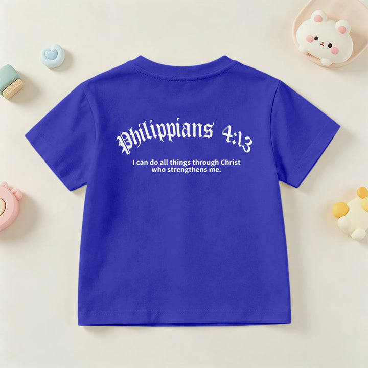 Christianartworkshop Philipper 4,13 – Kurzarm-T-Shirt für Kinder mit Kreuz auf der Vorderseite und Rückseite in gotischer Schrift - image 87