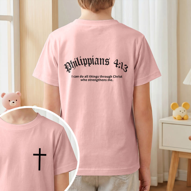 Christianartworkshop Philipper 4,13 – Kurzarm-T-Shirt für Kinder mit Kreuz auf der Vorderseite und Rückseite in gotischer Schrift - image 64