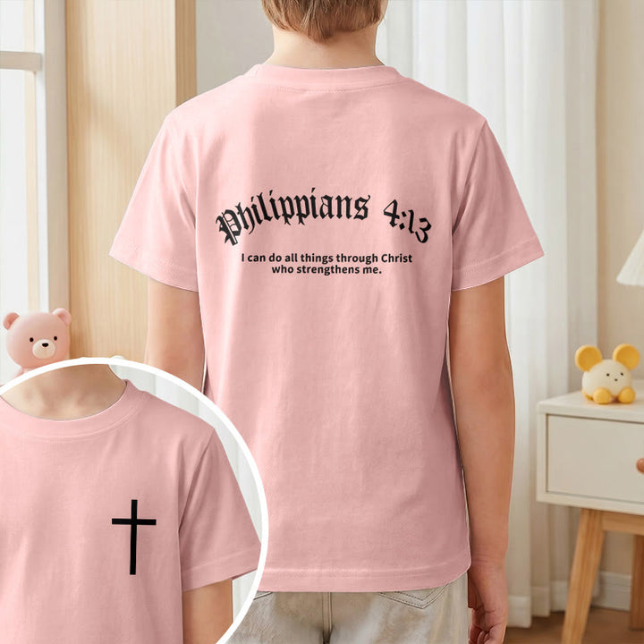 Christianartworkshop Philipper 4,13 – Kurzarm-T-Shirt für Kinder mit Kreuz auf der Vorderseite und Rückseite in gotischer Schrift - image 64