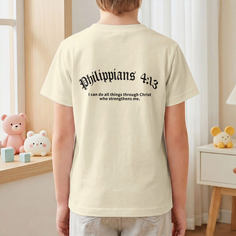 Christianartworkshop Philipper 4,13 – Kurzarm-T-Shirt für Kinder mit Kreuz auf der Vorderseite und Rückseite in gotischer Schrift - image 7