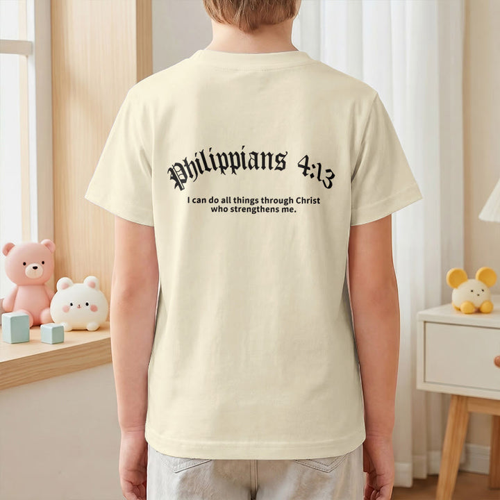 Christianartworkshop Philipper 4,13 – Kurzarm-T-Shirt für Kinder mit Kreuz auf der Vorderseite und Rückseite in gotischer Schrift - image 7