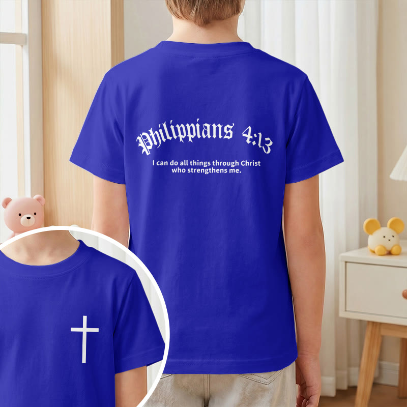 Christianartworkshop Philipper 4,13 – Kurzarm-T-Shirt für Kinder mit Kreuz auf der Vorderseite und Rückseite in gotischer Schrift - image 82