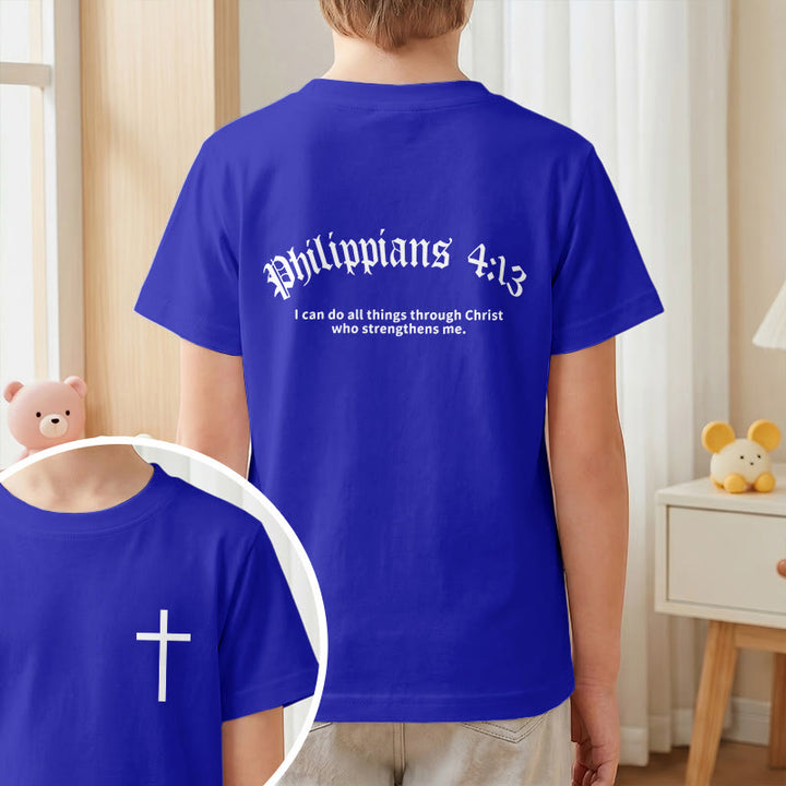 Christianartworkshop Philipper 4,13 – Kurzarm-T-Shirt für Kinder mit Kreuz auf der Vorderseite und Rückseite in gotischer Schrift - image 82