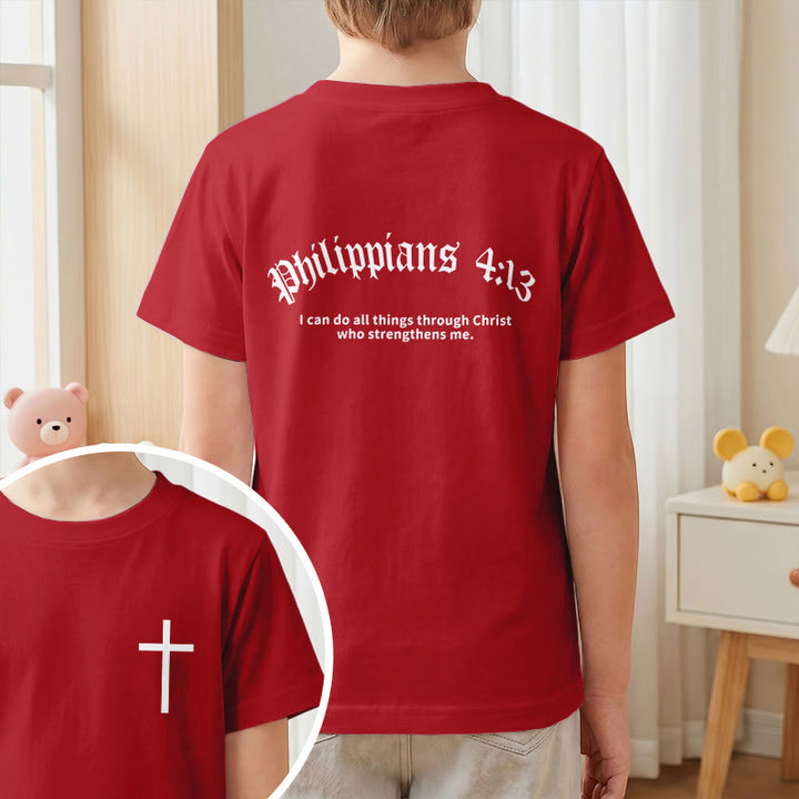 Christianartworkshop Philipper 4,13 – Kurzarm-T-Shirt für Kinder mit Kreuz auf der Vorderseite und Rückseite in gotischer Schrift - image 55