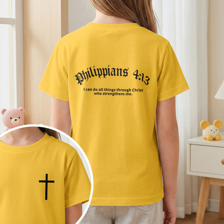 Christianartworkshop Philipper 4,13 – Kurzarm-T-Shirt für Kinder mit Kreuz auf der Vorderseite und Rückseite in gotischer Schrift - image 29