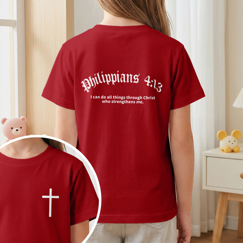 Christianartworkshop Philipper 4,13 – Kurzarm-T-Shirt für Kinder mit Kreuz auf der Vorderseite und Rückseite in gotischer Schrift - image 56
