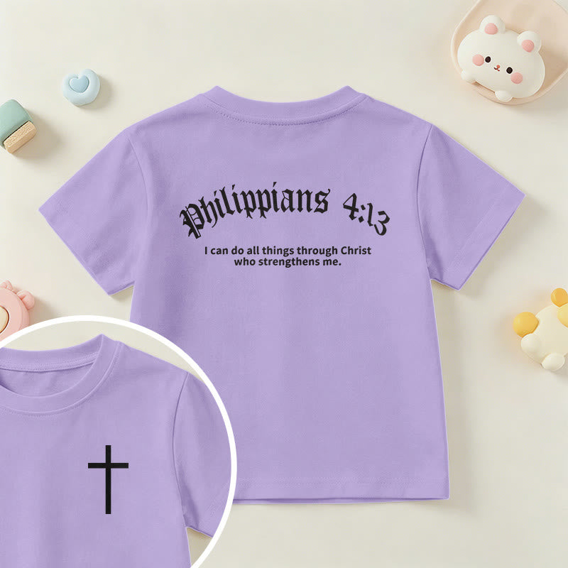 Christianartworkshop Philipper 4,13 – Kurzarm-T-Shirt für Kinder mit Kreuz auf der Vorderseite und Rückseite in gotischer Schrift - Lila - US/GB/AU 14, EU 170 - image 45