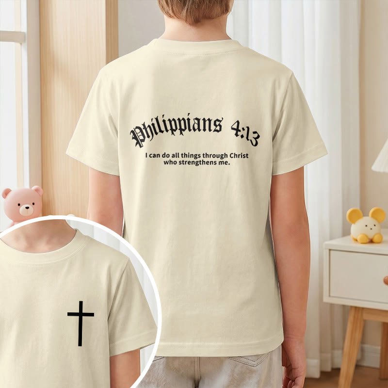 Christianartworkshop Philipper 4,13 – Kurzarm-T-Shirt für Kinder mit Kreuz auf der Vorderseite und Rückseite in gotischer Schrift - image 1