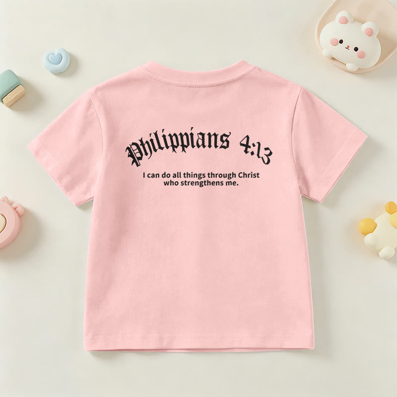 Christianartworkshop Philipper 4,13 – Kurzarm-T-Shirt für Kinder mit Kreuz auf der Vorderseite und Rückseite in gotischer Schrift - image 69