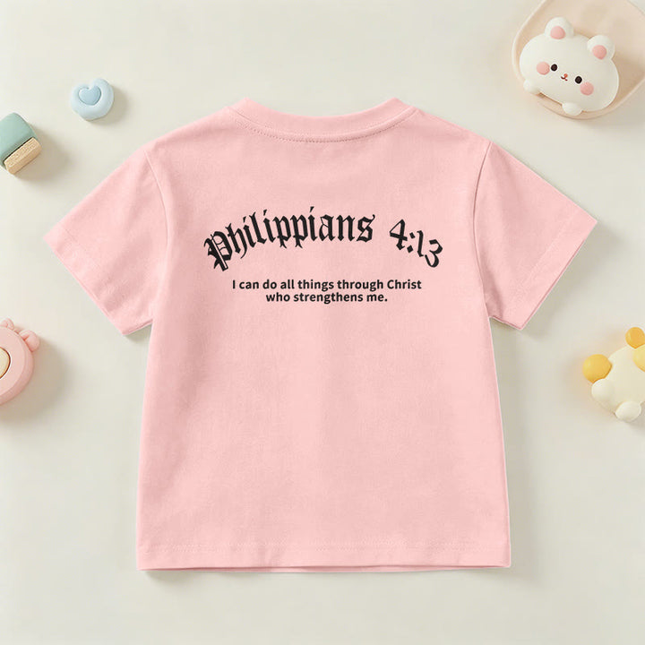 Christianartworkshop Philipper 4,13 – Kurzarm-T-Shirt für Kinder mit Kreuz auf der Vorderseite und Rückseite in gotischer Schrift - image 69