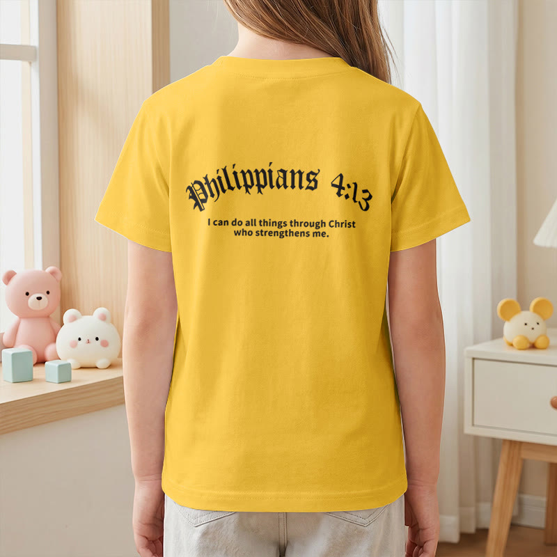 Christianartworkshop Philipper 4,13 – Kurzarm-T-Shirt für Kinder mit Kreuz auf der Vorderseite und Rückseite in gotischer Schrift - image 35