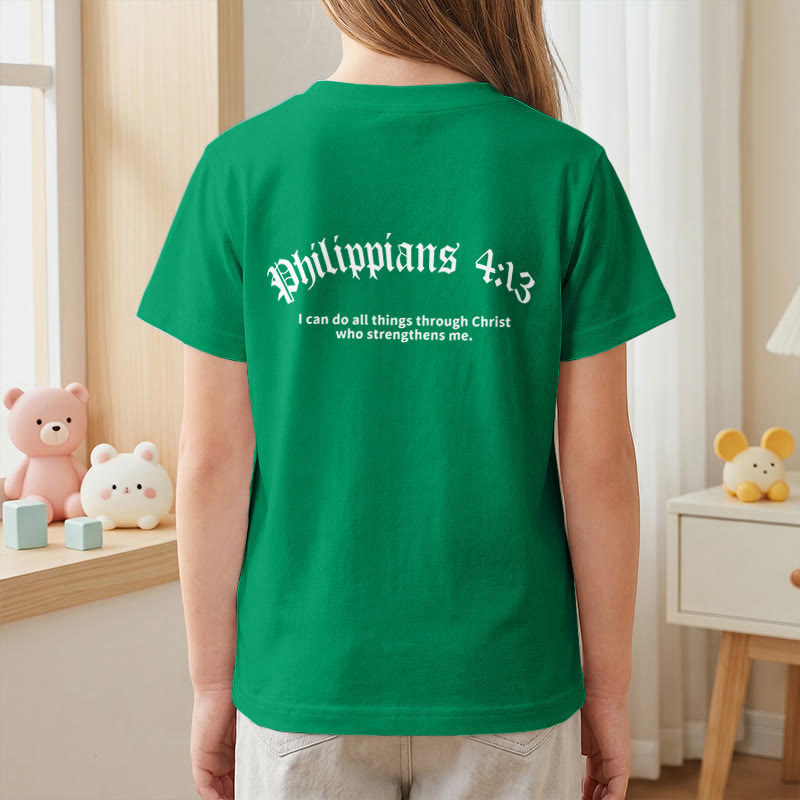 Christianartworkshop Philipper 4,13 – Kurzarm-T-Shirt für Kinder mit Kreuz auf der Vorderseite und Rückseite in gotischer Schrift - image 80