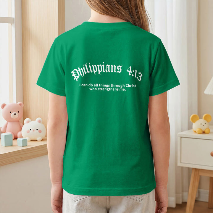 Christianartworkshop Philipper 4,13 – Kurzarm-T-Shirt für Kinder mit Kreuz auf der Vorderseite und Rückseite in gotischer Schrift - image 80