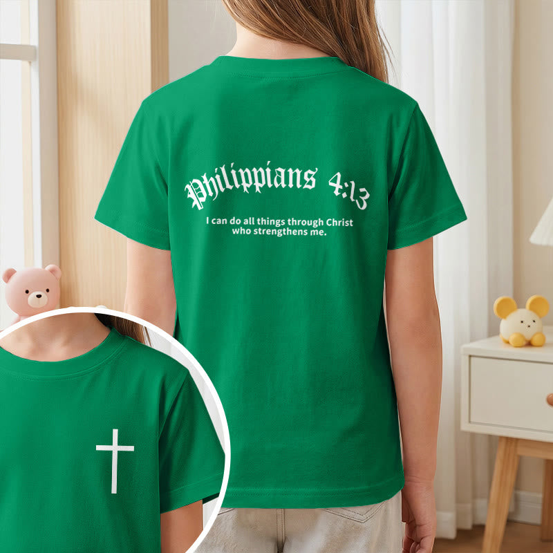 Christianartworkshop Philipper 4,13 – Kurzarm-T-Shirt für Kinder mit Kreuz auf der Vorderseite und Rückseite in gotischer Schrift - image 74