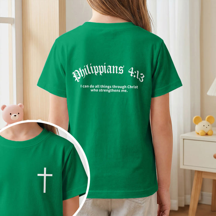 Christianartworkshop Philipper 4,13 – Kurzarm-T-Shirt für Kinder mit Kreuz auf der Vorderseite und Rückseite in gotischer Schrift - image 74