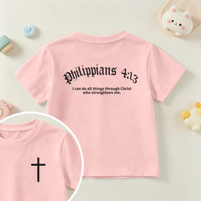 Christianartworkshop Philipper 4,13 – Kurzarm-T-Shirt für Kinder mit Kreuz auf der Vorderseite und Rückseite in gotischer Schrift - Rosa - US/GB/AU 14, EU 170 - image 63