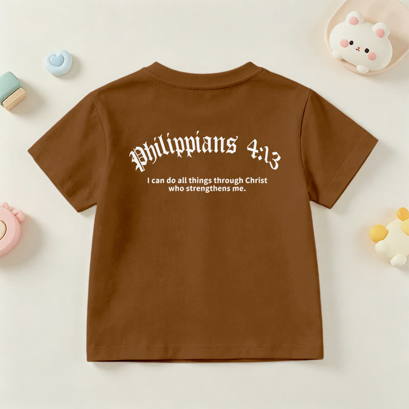 Christianartworkshop Philipper 4,13 – Kurzarm-T-Shirt für Kinder mit Kreuz auf der Vorderseite und Rückseite in gotischer Schrift - image 24