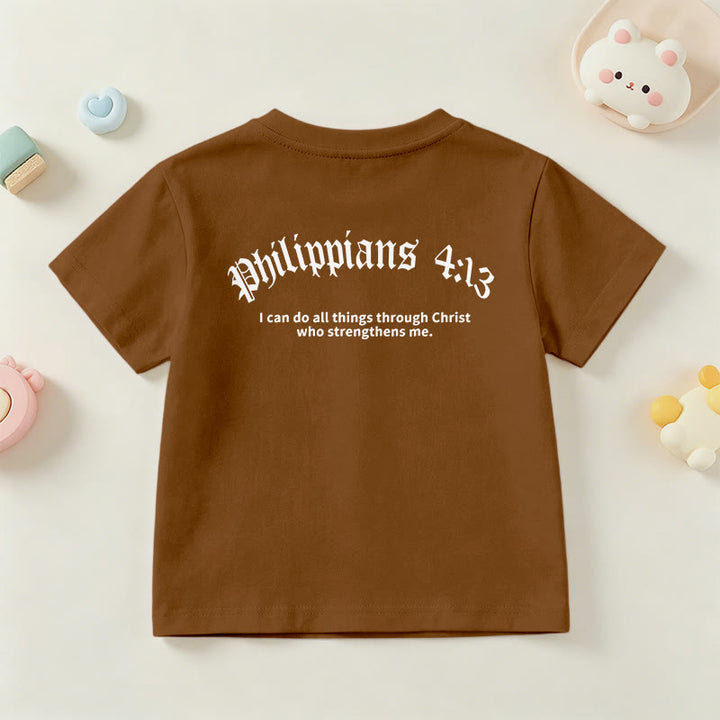 Christianartworkshop Philipper 4,13 – Kurzarm-T-Shirt für Kinder mit Kreuz auf der Vorderseite und Rückseite in gotischer Schrift - image 24