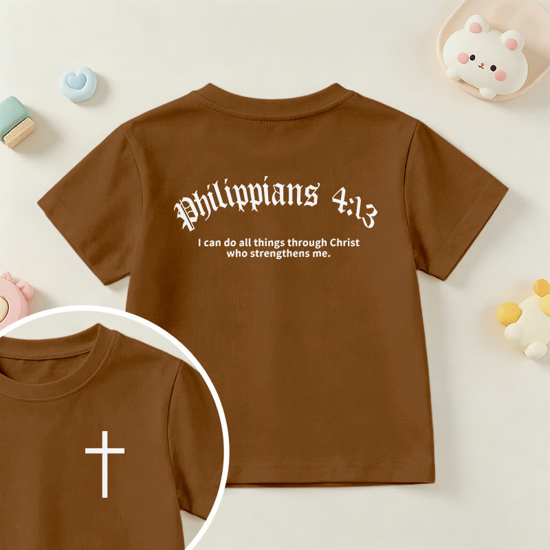 Christianartworkshop Philipper 4,13 – Kurzarm-T-Shirt für Kinder mit Kreuz auf der Vorderseite und Rückseite in gotischer Schrift - Braun - US/GB/AU 14, EU 170 - image 18