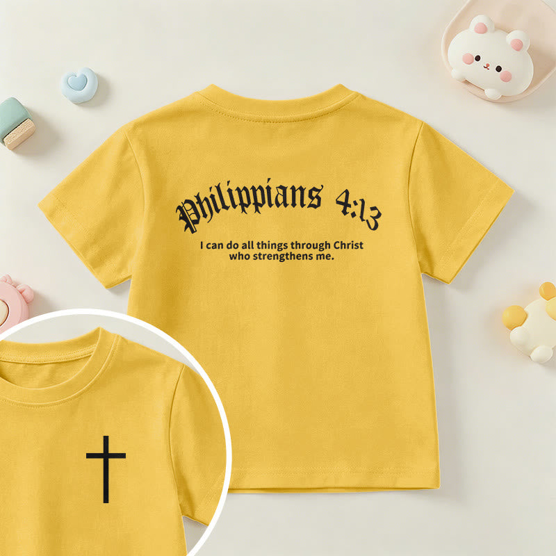 Christianartworkshop Philipper 4,13 – Kurzarm-T-Shirt für Kinder mit Kreuz auf der Vorderseite und Rückseite in gotischer Schrift - Gelb - US/GB/AU 14, EU 170 - image 27