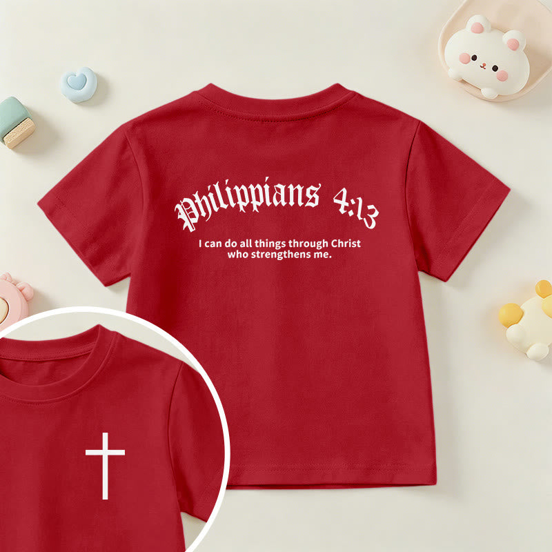 Christianartworkshop Philipper 4,13 – Kurzarm-T-Shirt für Kinder mit Kreuz auf der Vorderseite und Rückseite in gotischer Schrift - Rot - US/GB/AU 14, EU 170 - image 54