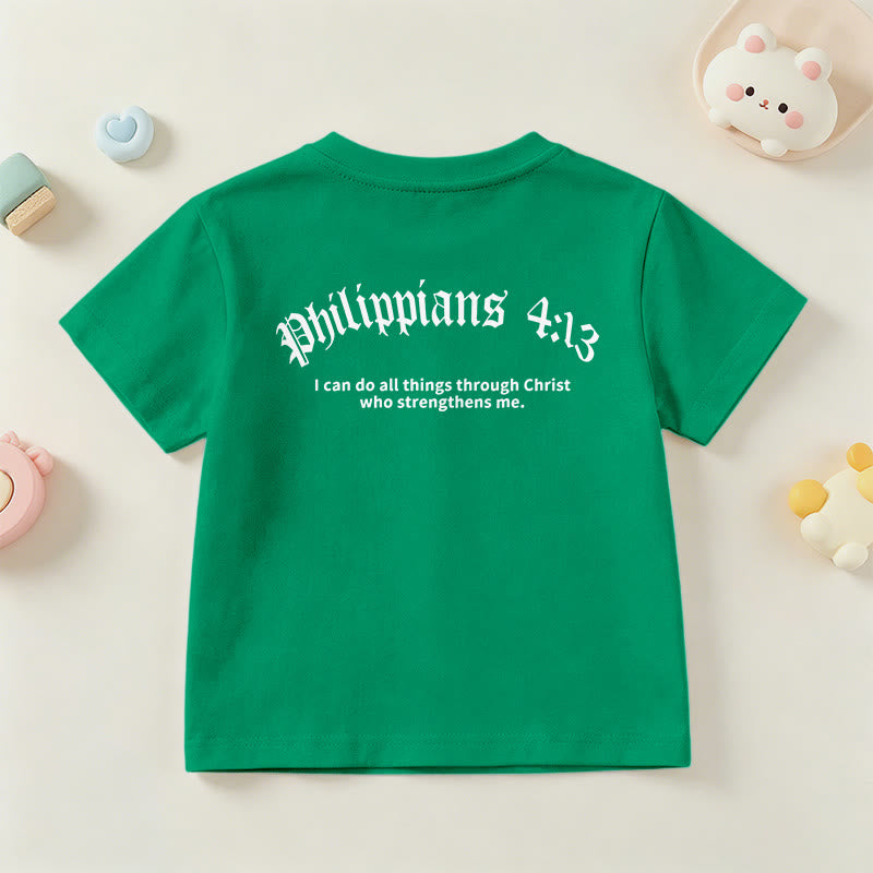 Christianartworkshop Philipper 4,13 – Kurzarm-T-Shirt für Kinder mit Kreuz auf der Vorderseite und Rückseite in gotischer Schrift - image 78