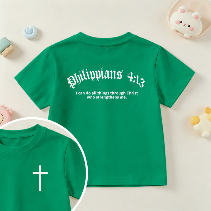 Christianartworkshop Philipper 4,13 – Kurzarm-T-Shirt für Kinder mit Kreuz auf der Vorderseite und Rückseite in gotischer Schrift - Grün - US/GB/AU 14, EU 170 - image 72