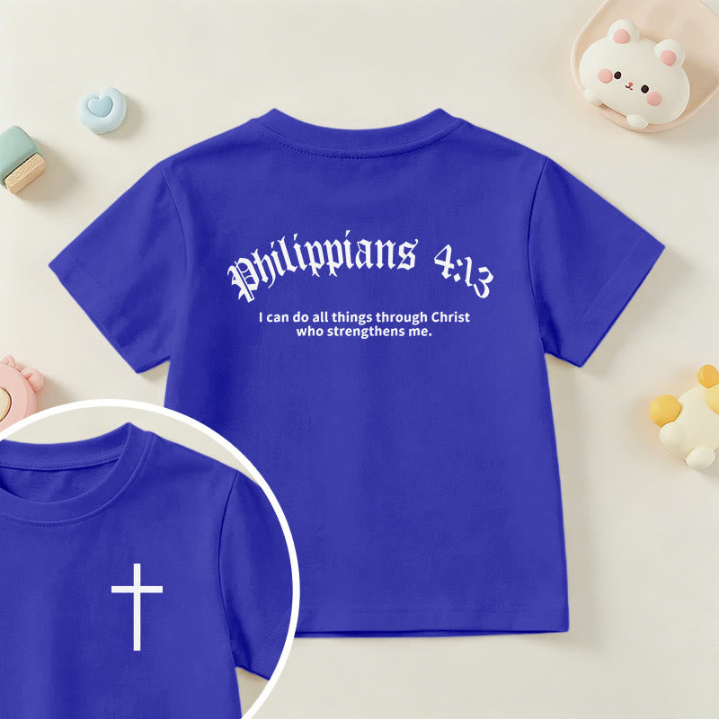 Christianartworkshop Philipper 4,13 – Kurzarm-T-Shirt für Kinder mit Kreuz auf der Vorderseite und Rückseite in gotischer Schrift - Blau - US/GB/AU 14, EU 170 - image 81