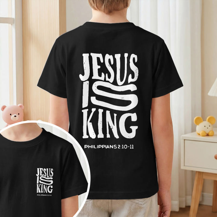 Christianartworkshop „Jesus ist König“ Philipper 2,10-11 Kinder-T-Shirt mit kurzen Ärmeln und auffälligem Aufdruck in abgenutzter, fetter Schrift auf Vorder- und Rückseite - image 37
