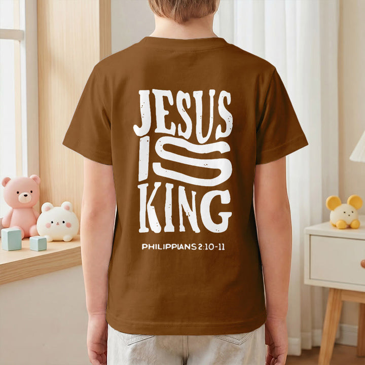 Christianartworkshop „Jesus ist König“ Philipper 2,10-11 Kinder-T-Shirt mit kurzen Ärmeln und auffälligem Aufdruck in abgenutzter, fetter Schrift auf Vorder- und Rückseite - image 25
