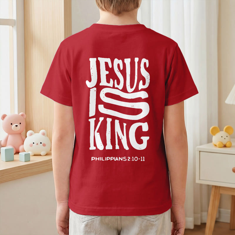 Christianartworkshop „Jesus ist König“ Philipper 2,10-11 Kinder-T-Shirt mit kurzen Ärmeln und auffälligem Aufdruck in abgenutzter, fetter Schrift auf Vorder- und Rückseite - image 61