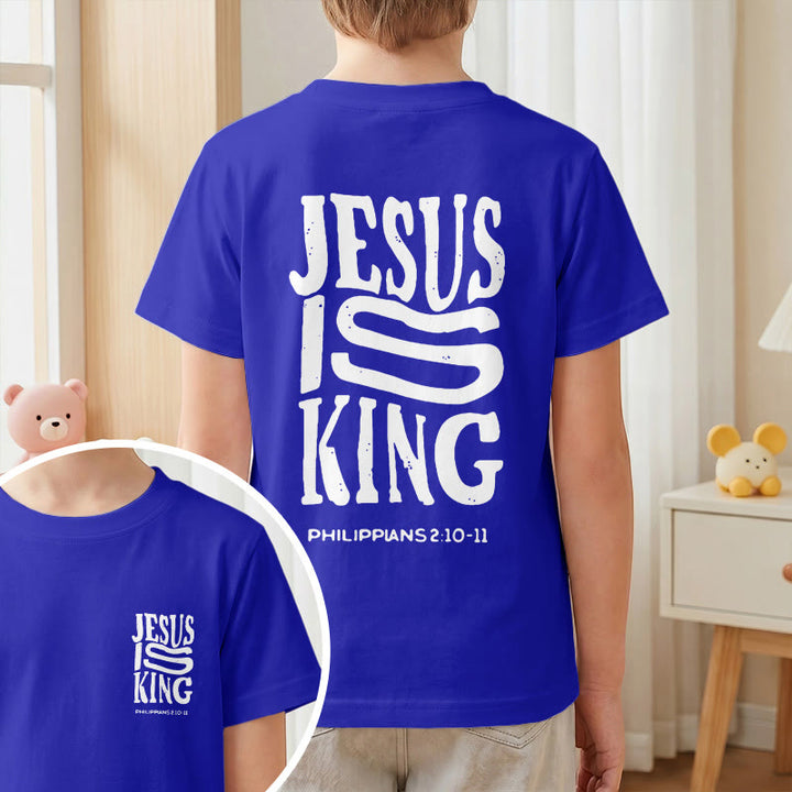 Christianartworkshop „Jesus ist König“ Philipper 2,10-11 Kinder-T-Shirt mit kurzen Ärmeln und auffälligem Aufdruck in abgenutzter, fetter Schrift auf Vorder- und Rückseite - image 82