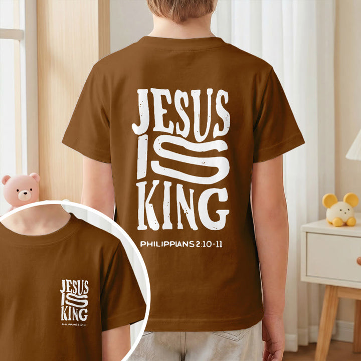 Christianartworkshop „Jesus ist König“ Philipper 2,10-11 Kinder-T-Shirt mit kurzen Ärmeln und auffälligem Aufdruck in abgenutzter, fetter Schrift auf Vorder- und Rückseite - image 19