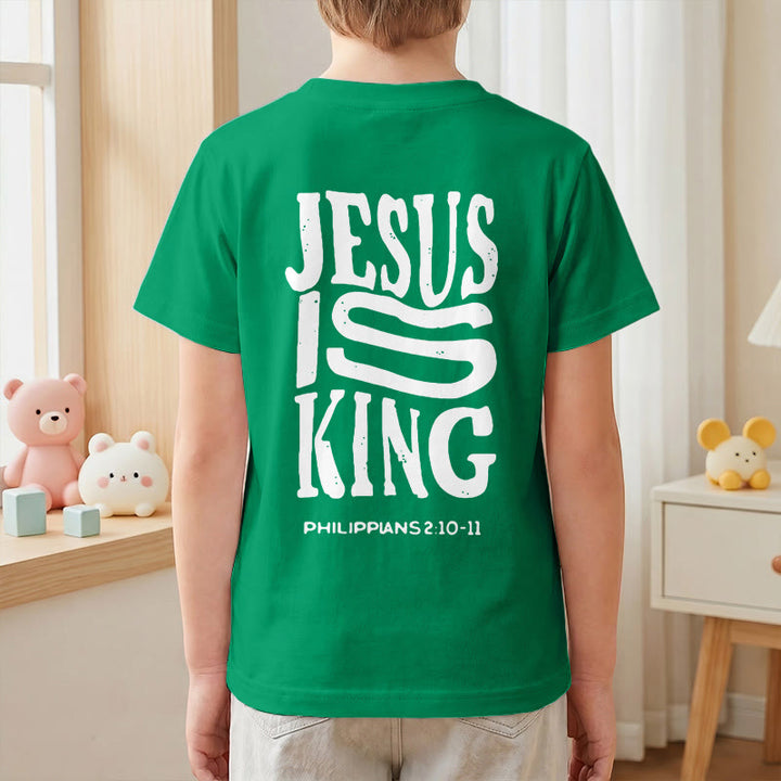 Christianartworkshop „Jesus ist König“ Philipper 2,10-11 Kinder-T-Shirt mit kurzen Ärmeln und auffälligem Aufdruck in abgenutzter, fetter Schrift auf Vorder- und Rückseite - image 79