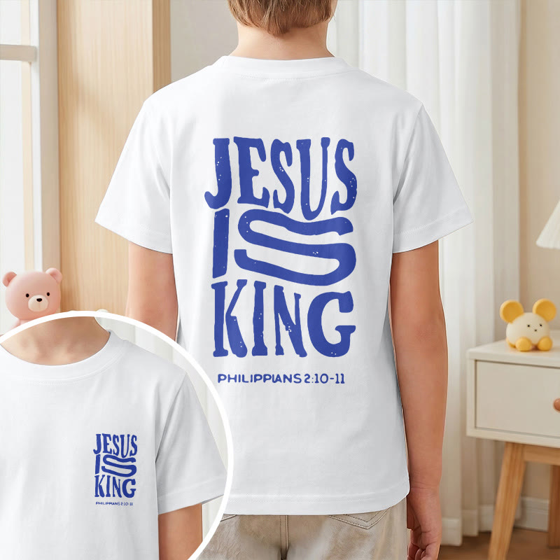 Christianartworkshop „Jesus ist König“ Philipper 2,10-11 Kinder-T-Shirt mit kurzen Ärmeln und auffälligem Aufdruck in abgenutzter, fetter Schrift auf Vorder- und Rückseite - image 10