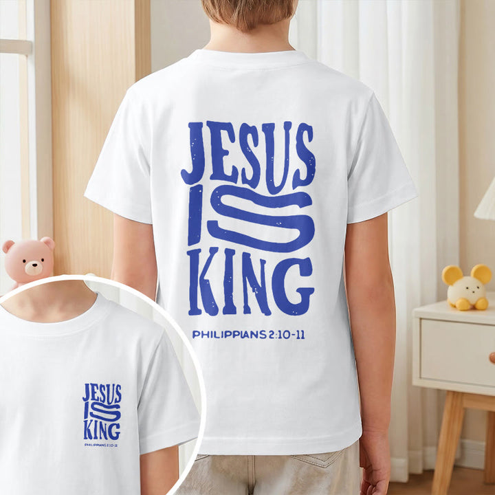 Christianartworkshop „Jesus ist König“ Philipper 2,10-11 Kinder-T-Shirt mit kurzen Ärmeln und auffälligem Aufdruck in abgenutzter, fetter Schrift auf Vorder- und Rückseite - image 10