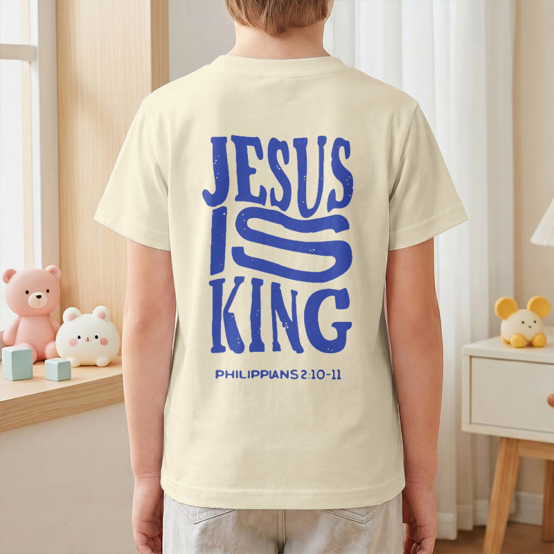 Christianartworkshop „Jesus ist König“ Philipper 2,10-11 Kinder-T-Shirt mit kurzen Ärmeln und auffälligem Aufdruck in abgenutzter, fetter Schrift auf Vorder- und Rückseite - image 7