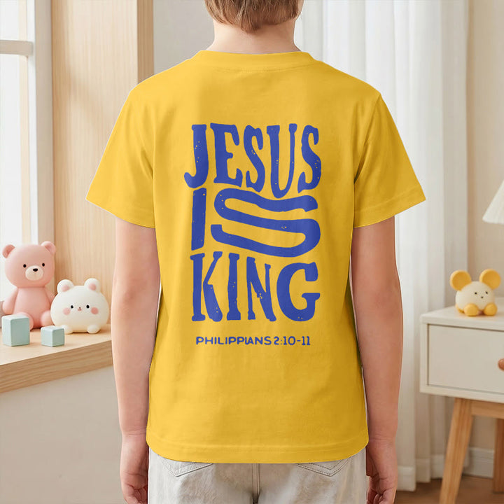 Christianartworkshop „Jesus ist König“ Philipper 2,10-11 Kinder-T-Shirt mit kurzen Ärmeln und auffälligem Aufdruck in abgenutzter, fetter Schrift auf Vorder- und Rückseite - image 34