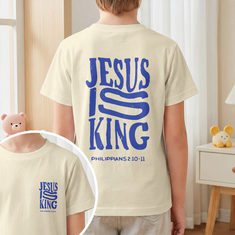 Christianartworkshop „Jesus ist König“ Philipper 2,10-11 Kinder-T-Shirt mit kurzen Ärmeln und auffälligem Aufdruck in abgenutzter, fetter Schrift auf Vorder- und Rückseite - image 1